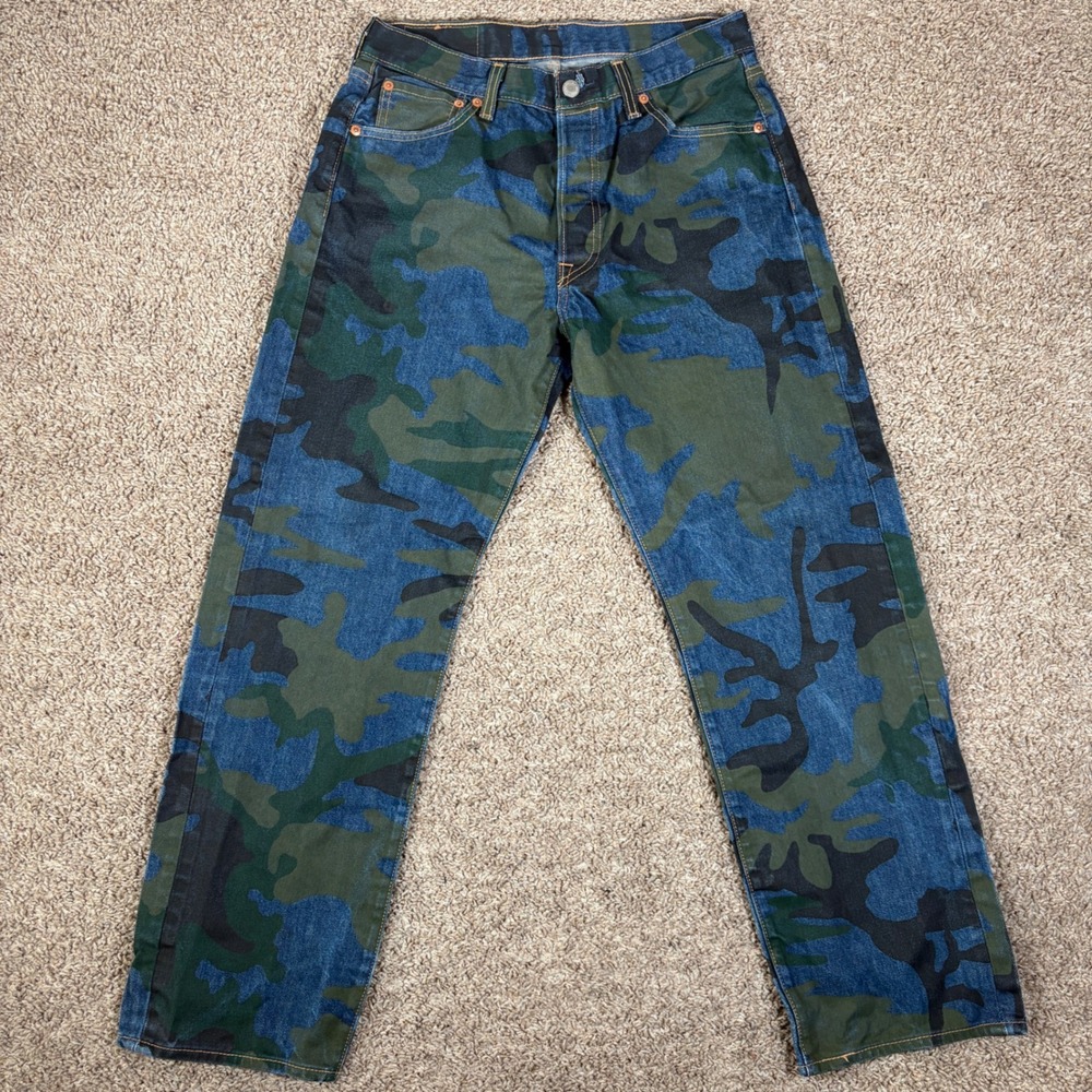 Levis 501 Original Fit Camouflage Jeans Mens 31x30 Blue Green Camo Button Fly